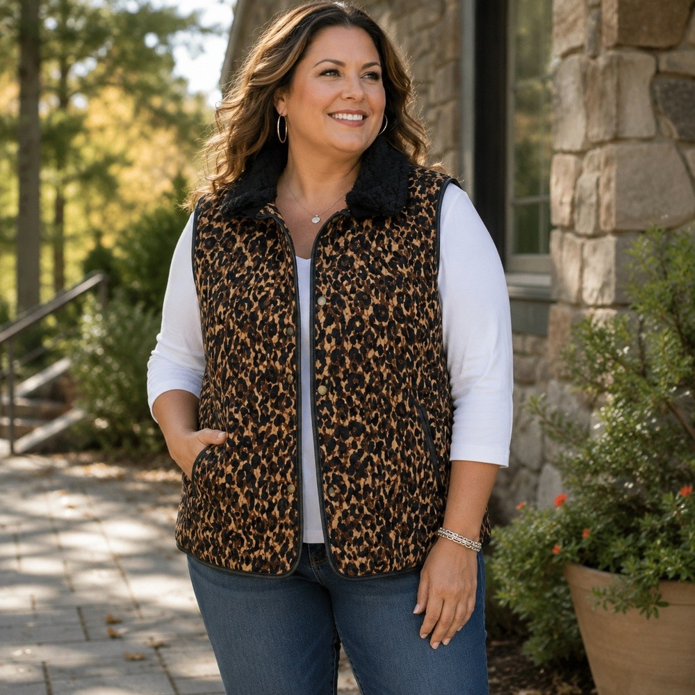 Chico's Travelers Leopard Print Vest Jacket Sahara Boca Quilted Womens XL Size 3